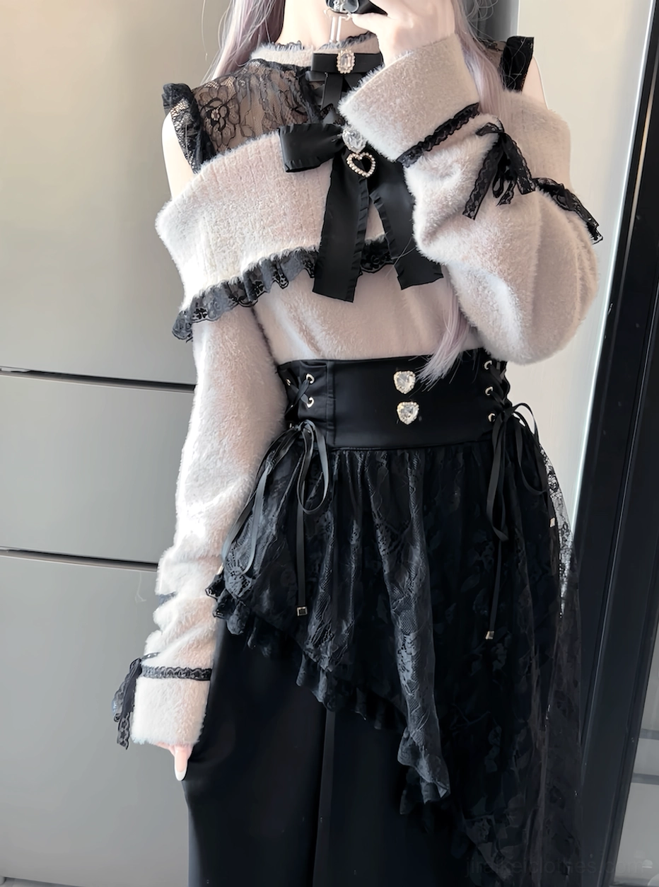 Cream off-shoulder knit top with black lace trim and heart bow decoration asymmetric lace skirt set front view Jirai Kei fashion
