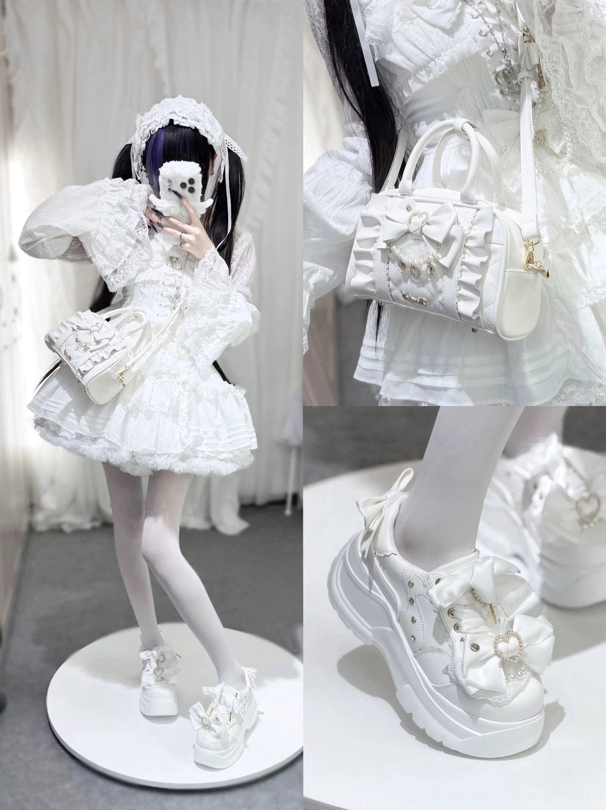 Cream white Jirai Kei handbag showing versatile styling with minimalist aesthetic coordinates