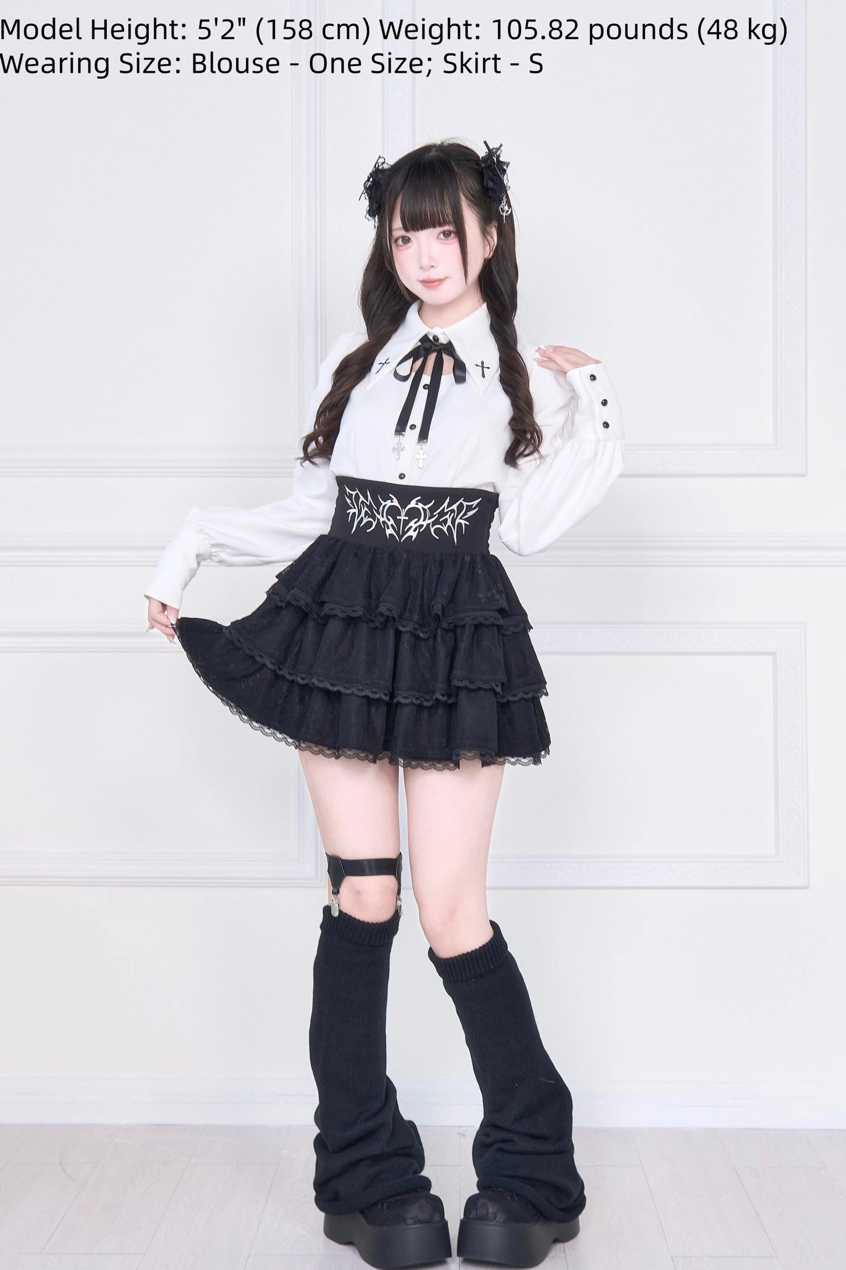 Jirai Kei blouse ruffle skirt three-quarter angle cross embroidery waistband size reference tiered ruffles