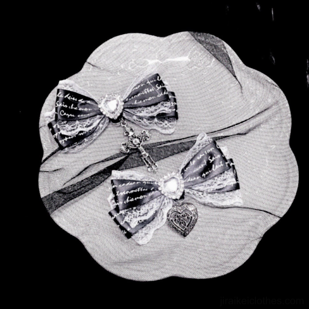 Cross pendant Jirai Kei bow ornament with printed ribbon detail, lace trim, and decorative cross charm accent