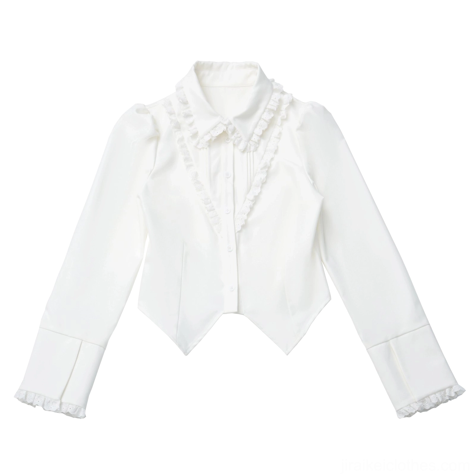 Jirai Kei dark academia uniform complete styling shot showing cropped blazer, white blouse with ruffles, pleated skirt, and full silhouette proportions on female model