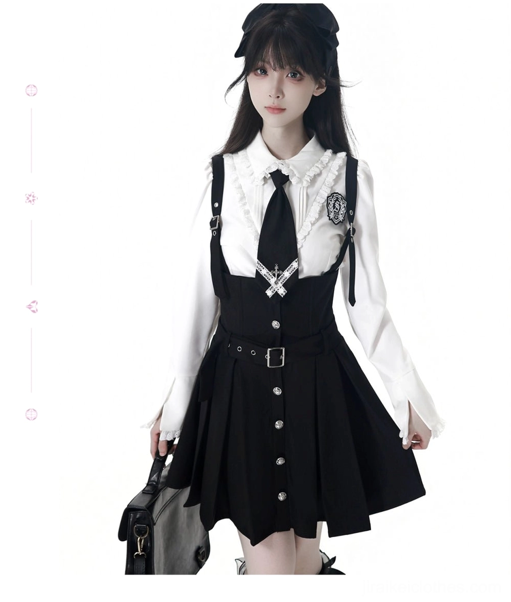 Jirai Kei dark academia JK uniform set complete outfit featuring cropped pinstriped blazer, fitted white blouse with ruffles, pleated suspender skirt, and cross-adorned tie styled on female model