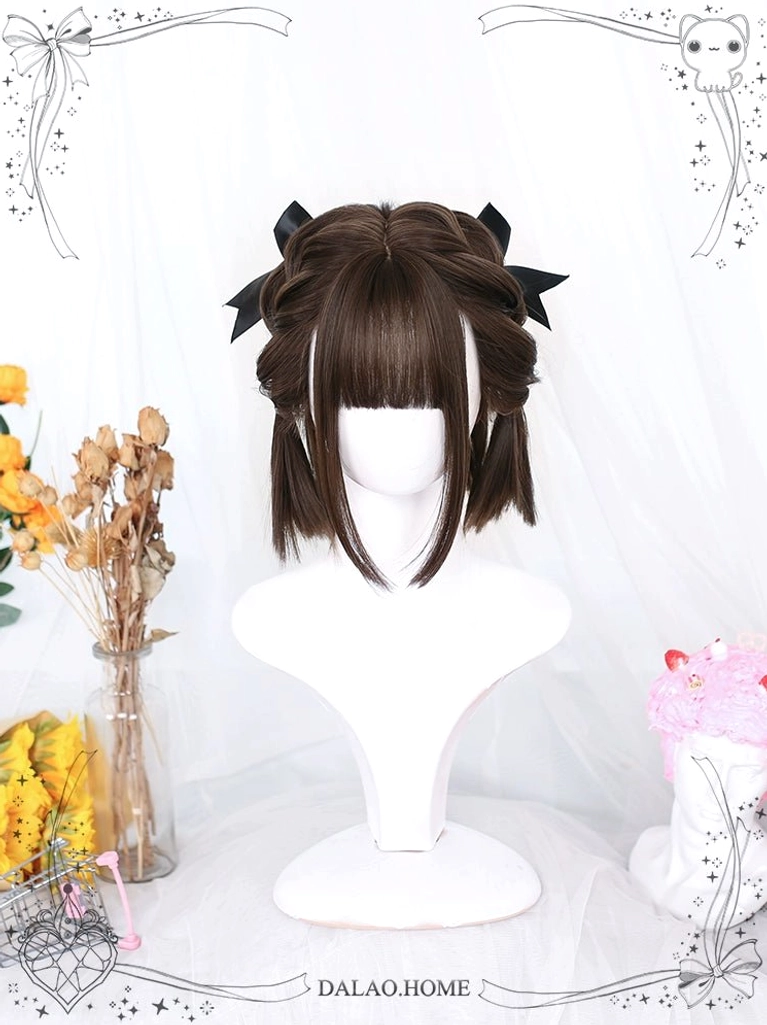 Jirai kei dark brown short bob wig double bows styling mannequin head black bow accessories
