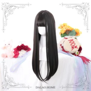Dark brown Jirai Kei straight long wig with blunt bangs displayed on mannequin, front full view showing silky texture and precise hair-end curves perfect for Lolita fashion coordination
