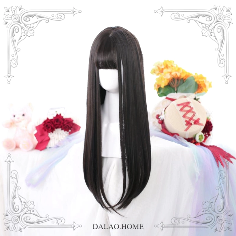 Dark brown Jirai Kei straight long wig with blunt bangs displayed on mannequin, front full view showing silky texture and precise hair-end curves perfect for Lolita fashion coordination