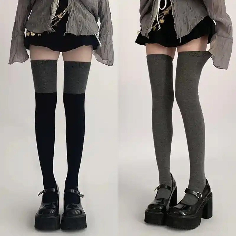 Dark grey and black-grey extra-long thigh-high socks mixed set Jirai Kei charcoal tones extended coverage