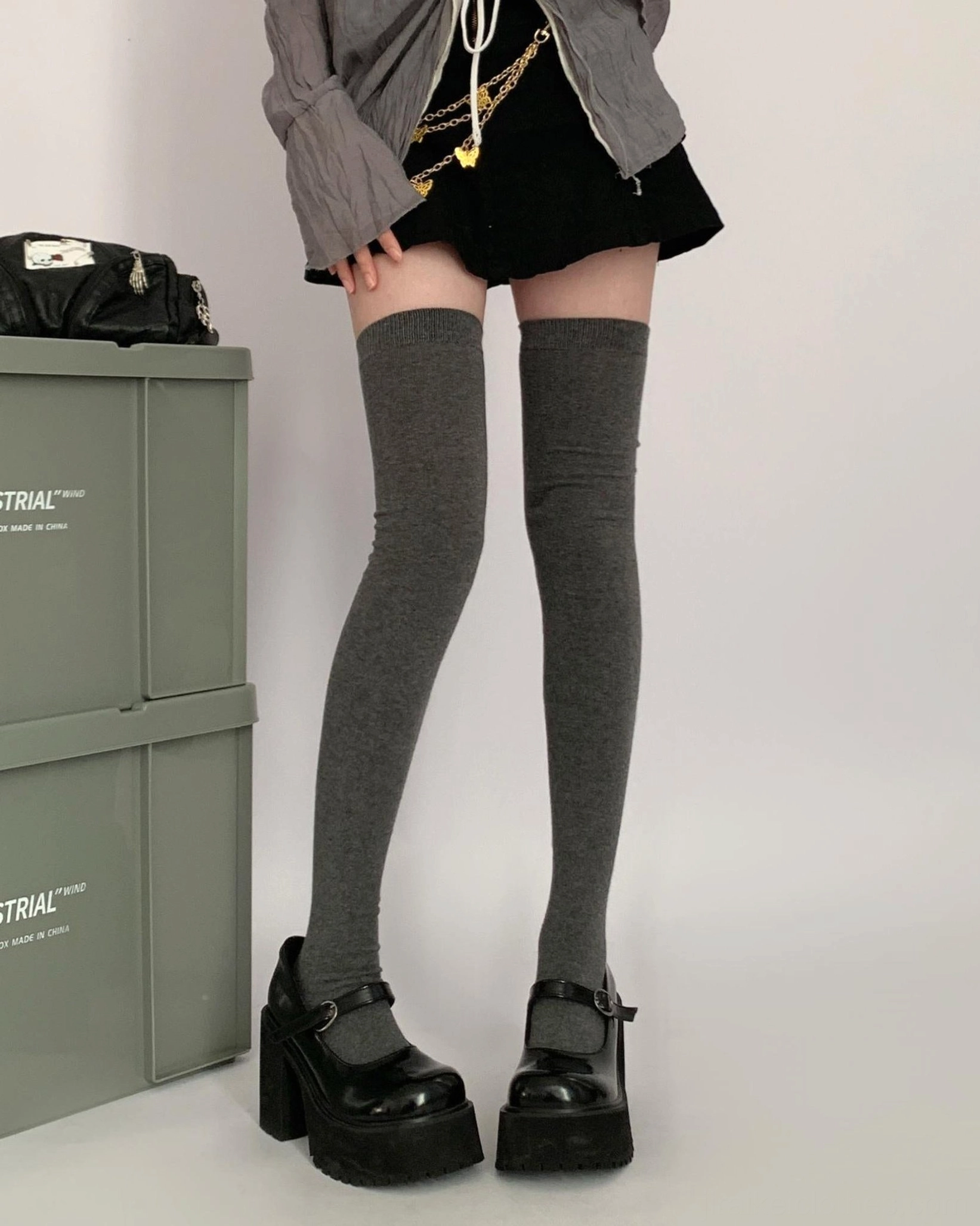 Dark grey thigh-high over-knee socks Jirai Kei style premium cotton elastic smooth seamless weave