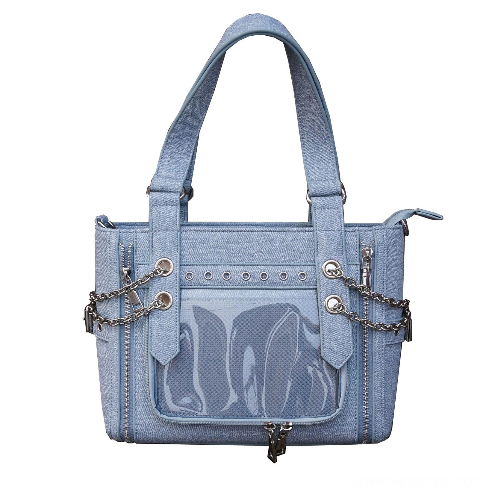 Light blue denim Jirai Kei ita bag with metal chain decorations and clear transparent display window front view