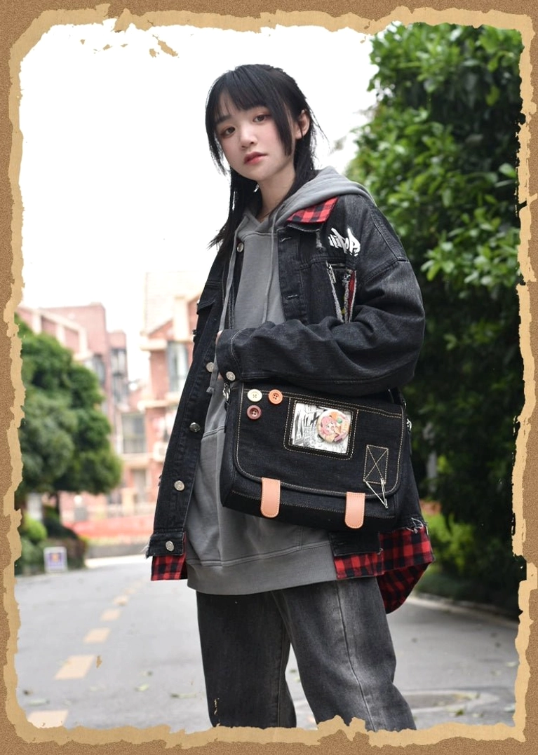 Jirai Kei denim itabag crossbody bag alternative fashion event community meetup styling worn by enthusiast with badge collection display