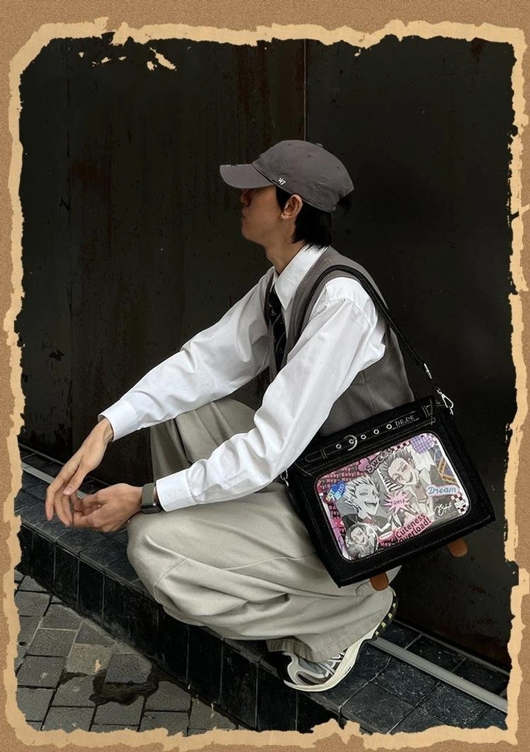 Jirai Kei denim itabag crossbody handbag color variations comparison, multiple denim tone options available including dark blue black and light blue