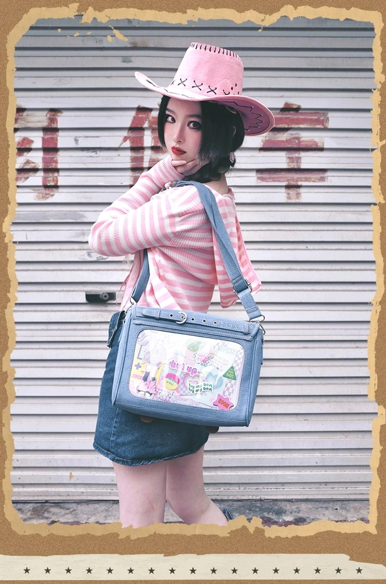 Jirai Kei denim itabag crossbody handbag detailed close-up of display window construction and PVC panel clarity with anime character badges showcase