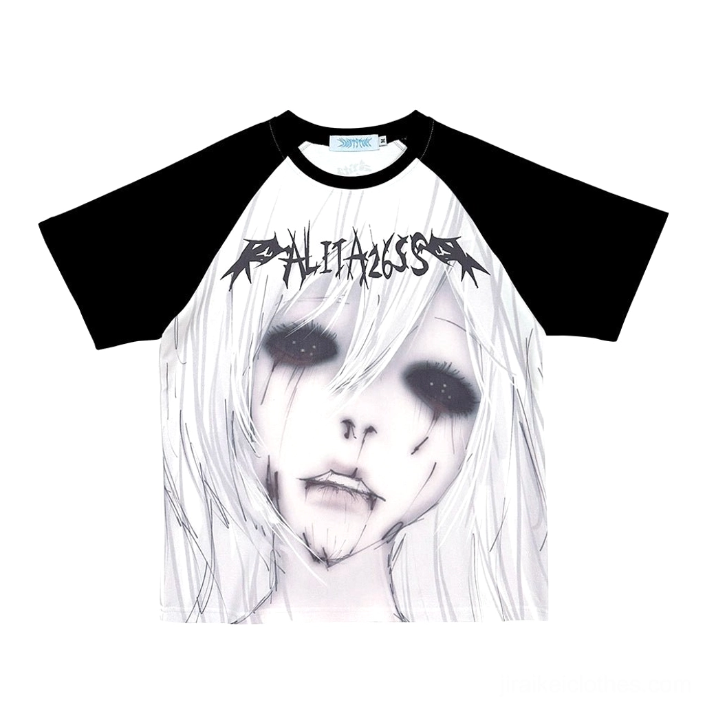 Jirai Kei Design 1 raglan T-shirt with black sleeves and intricate anime character graphic on white pure cotton base