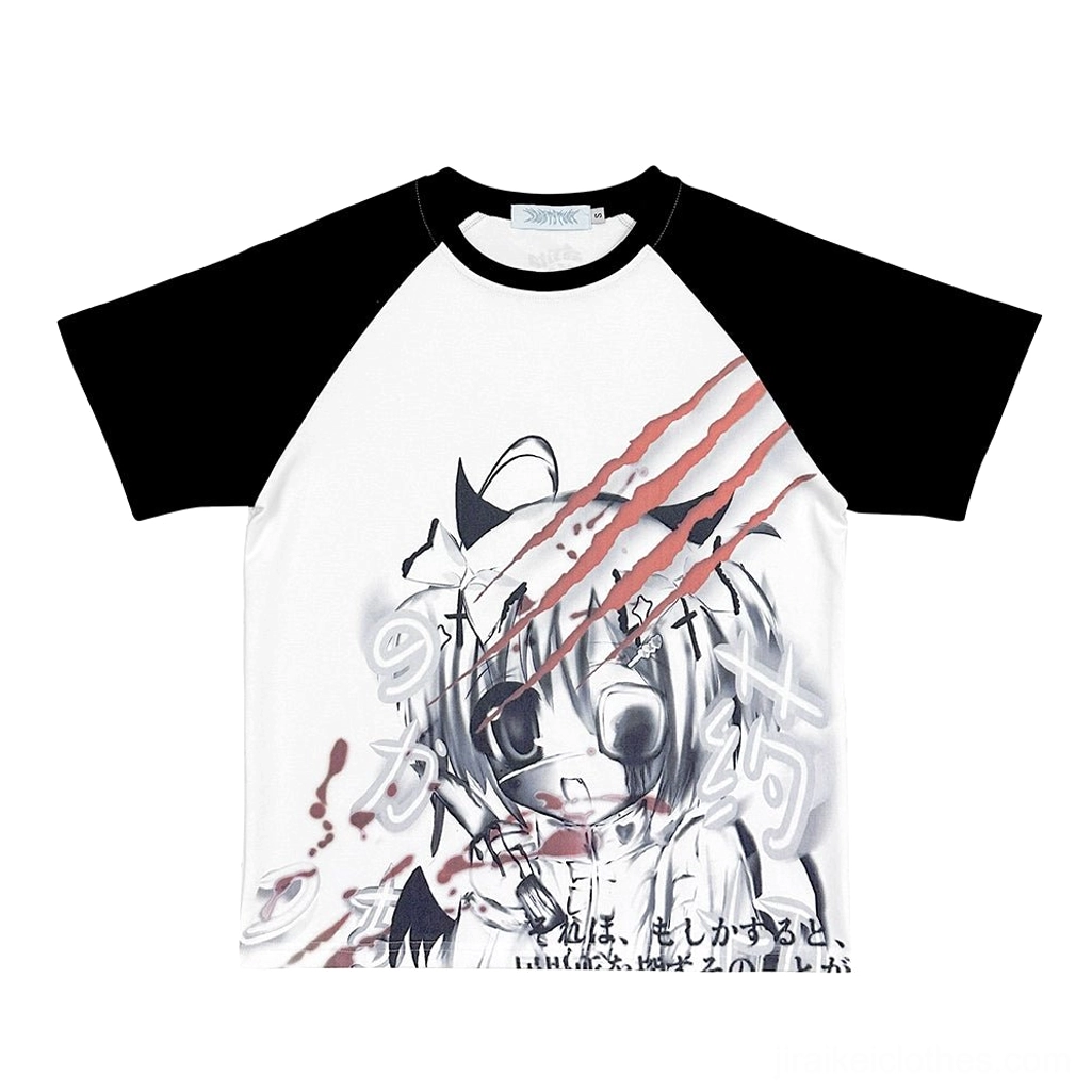 Jirai Kei Design 2 T-shirt with raglan sleeves featuring alternative anime graphic and black contrast short sleeves