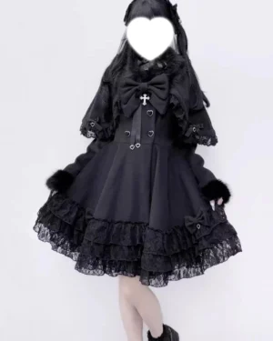 Gothic Jirai Kei winter coat with removable cape, half front back view displaying fur wrist cuffs and decorative collar bow embellishment