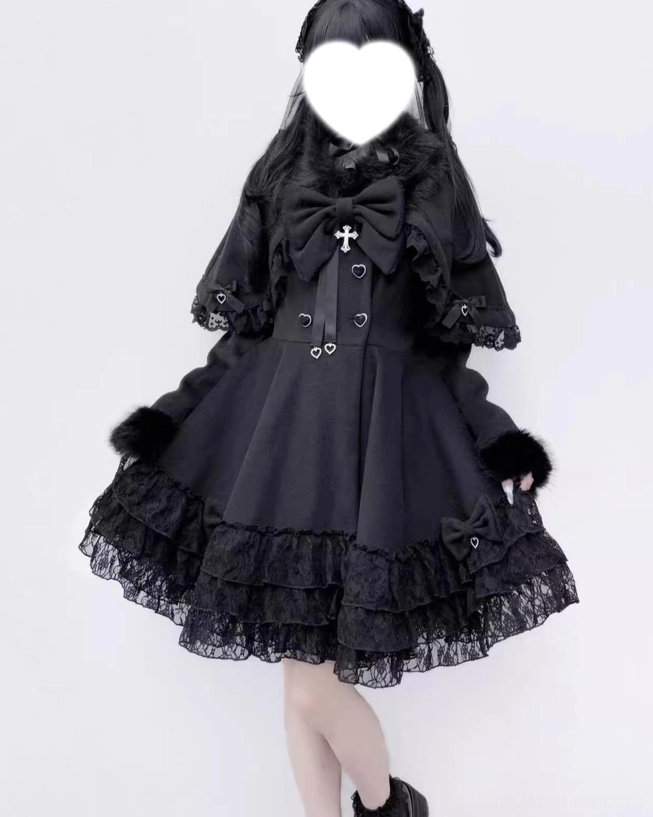 Gothic Jirai Kei winter coat with removable cape, half front back view displaying fur wrist cuffs and decorative collar bow embellishment