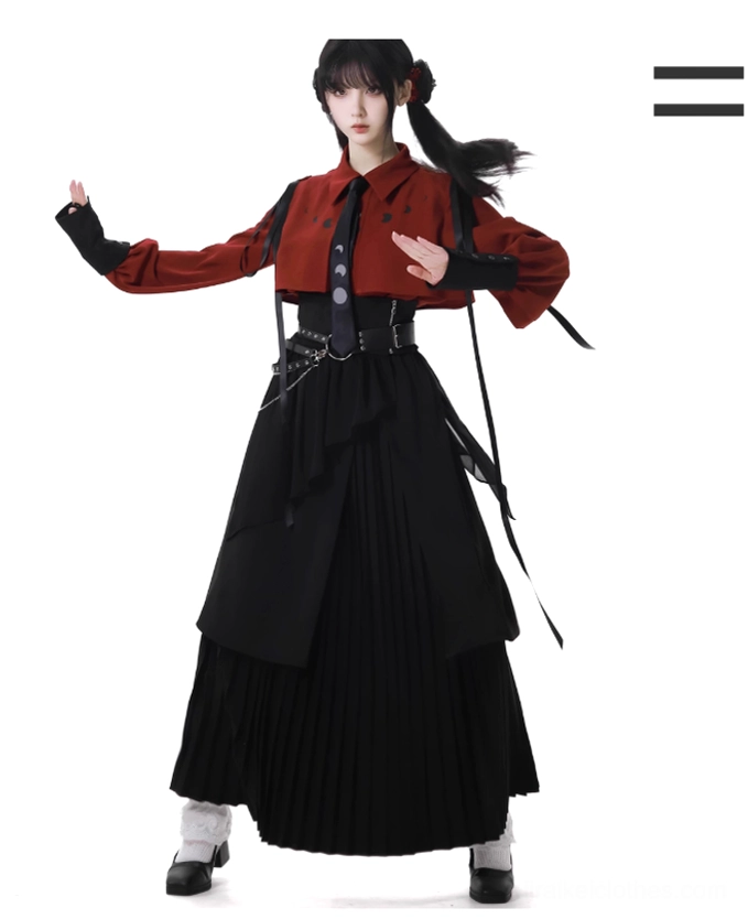 Side front view of Jirai Kei blouse set highlighting detachable ribbon shoulder accents, black fingerless gloves, and asymmetrical pleated skirt design with gothic details