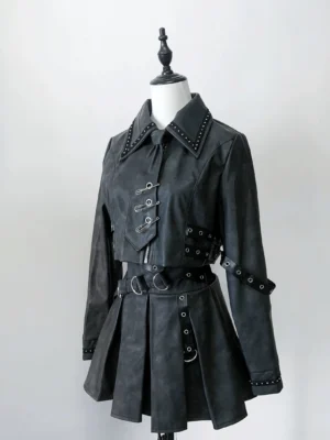 Distressed PU punk jacket and skirt ensemble side front angle on mannequin displaying hardware details and ribbed waist construction