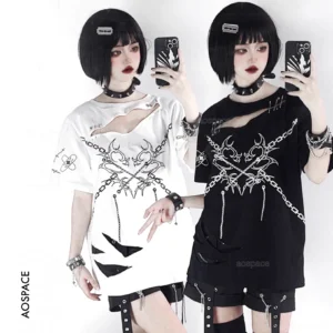 Front-facing view of two goth models in jirai kei punk oversized t-shirts featuring cross chain print and intentional ripped chest cutout details