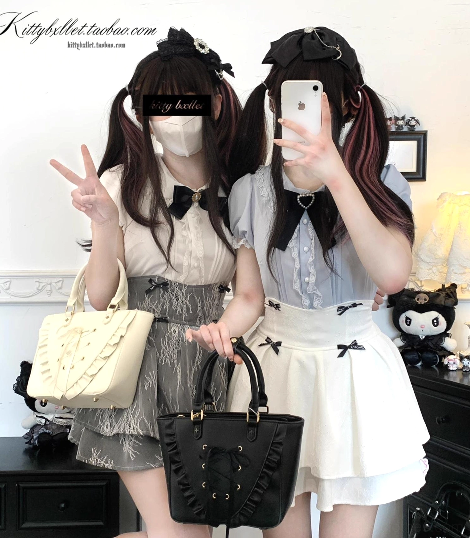 Two cosplayers in jirai kei double-layered skirt outfits with matching lace blouses, demonstrating versatility and coordinated styling potential of the romantic skirt