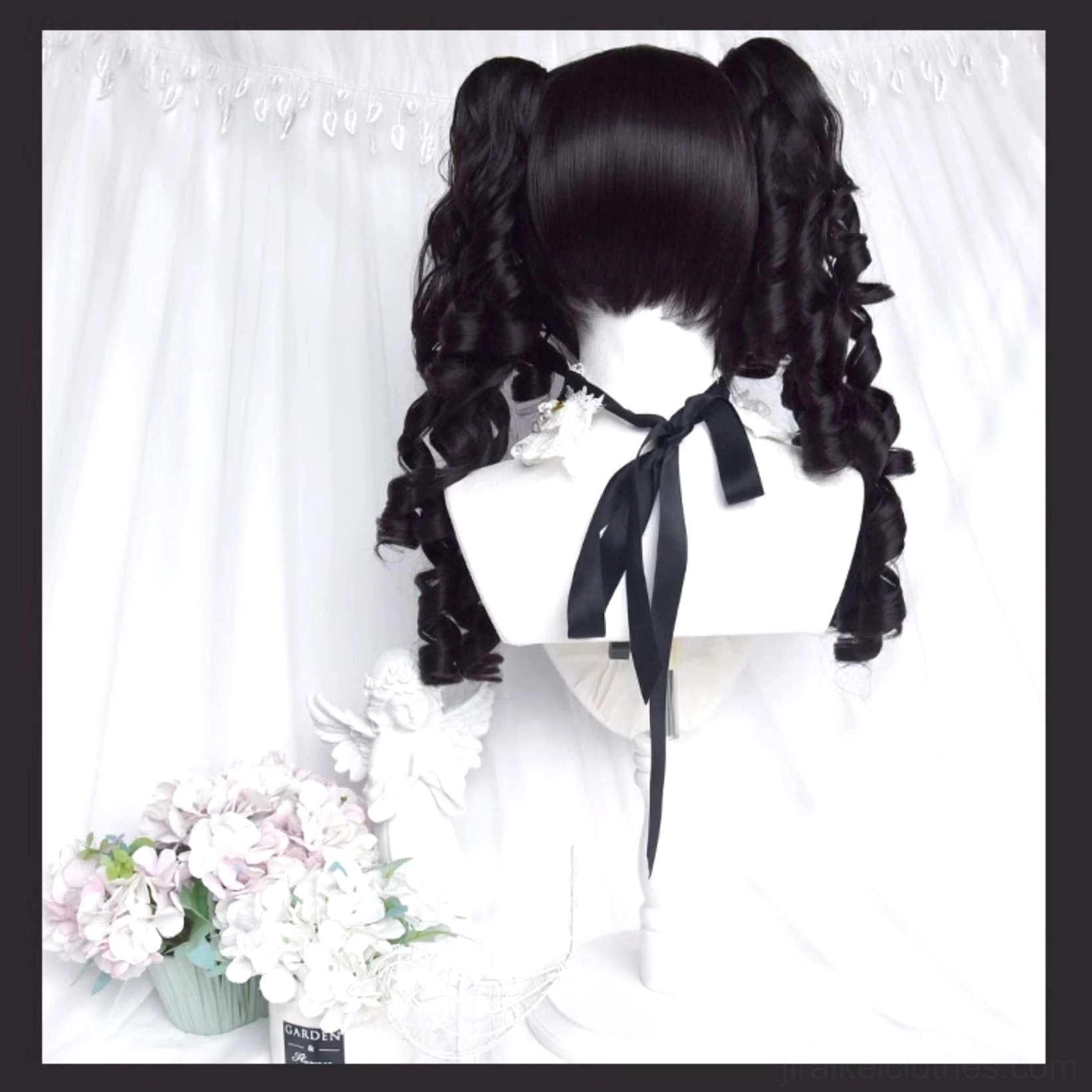 Jirai Kei double ponytail curly wig back and front view with black neck bow and neat bangs on white mannequin