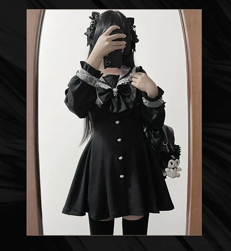 Close-up detail shot Jirai Kei dress white lace sailor collar ruffle trim pearl-style buttons cuff details