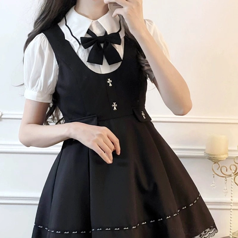 Jirai Kei dress set front medium shot cross embroidery stitched hemline gothic aesthetic vintage