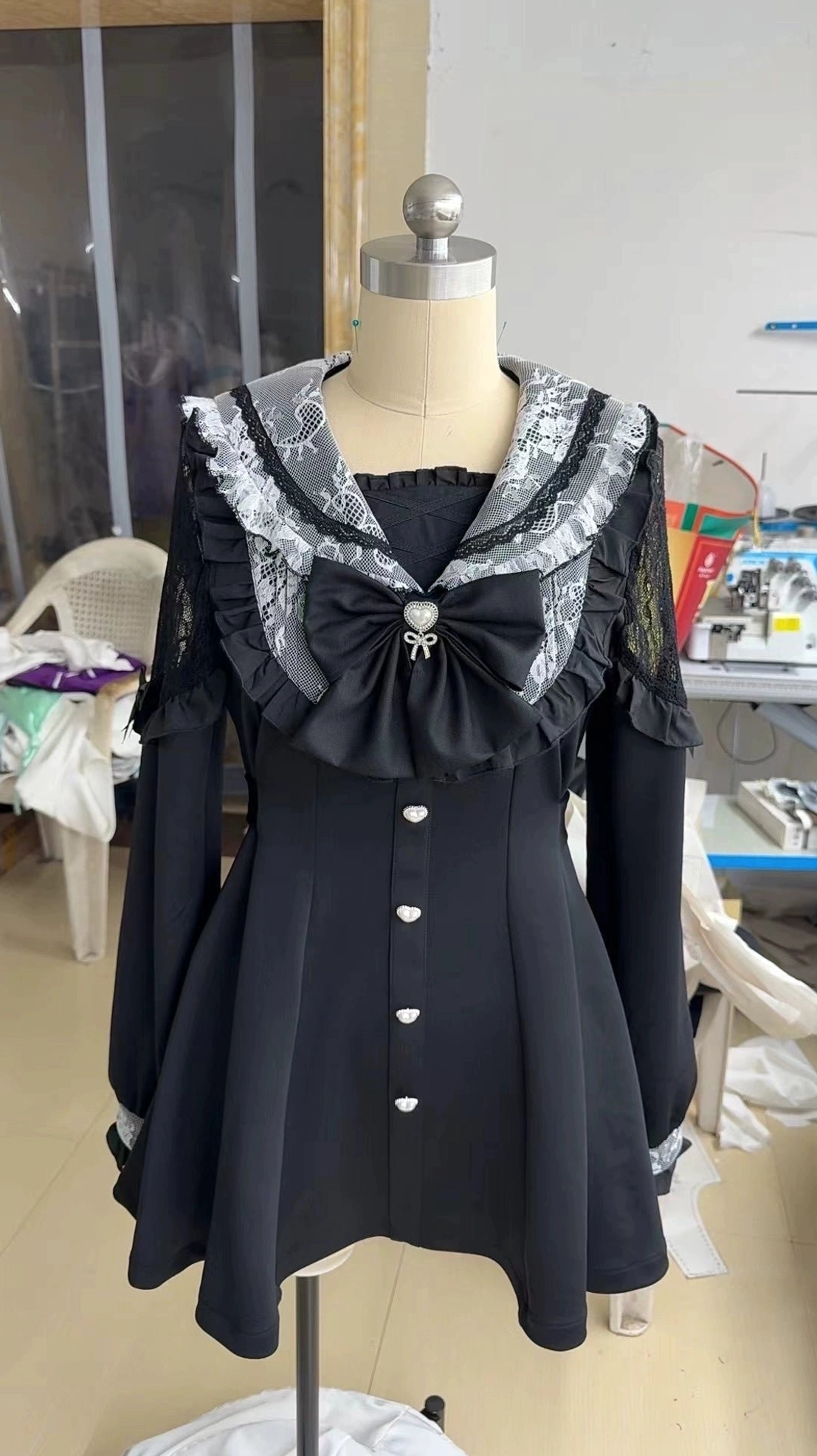 Mannequin angled front view Jirai Kei dress skirt flare shape sailor lace collar design studio product shot