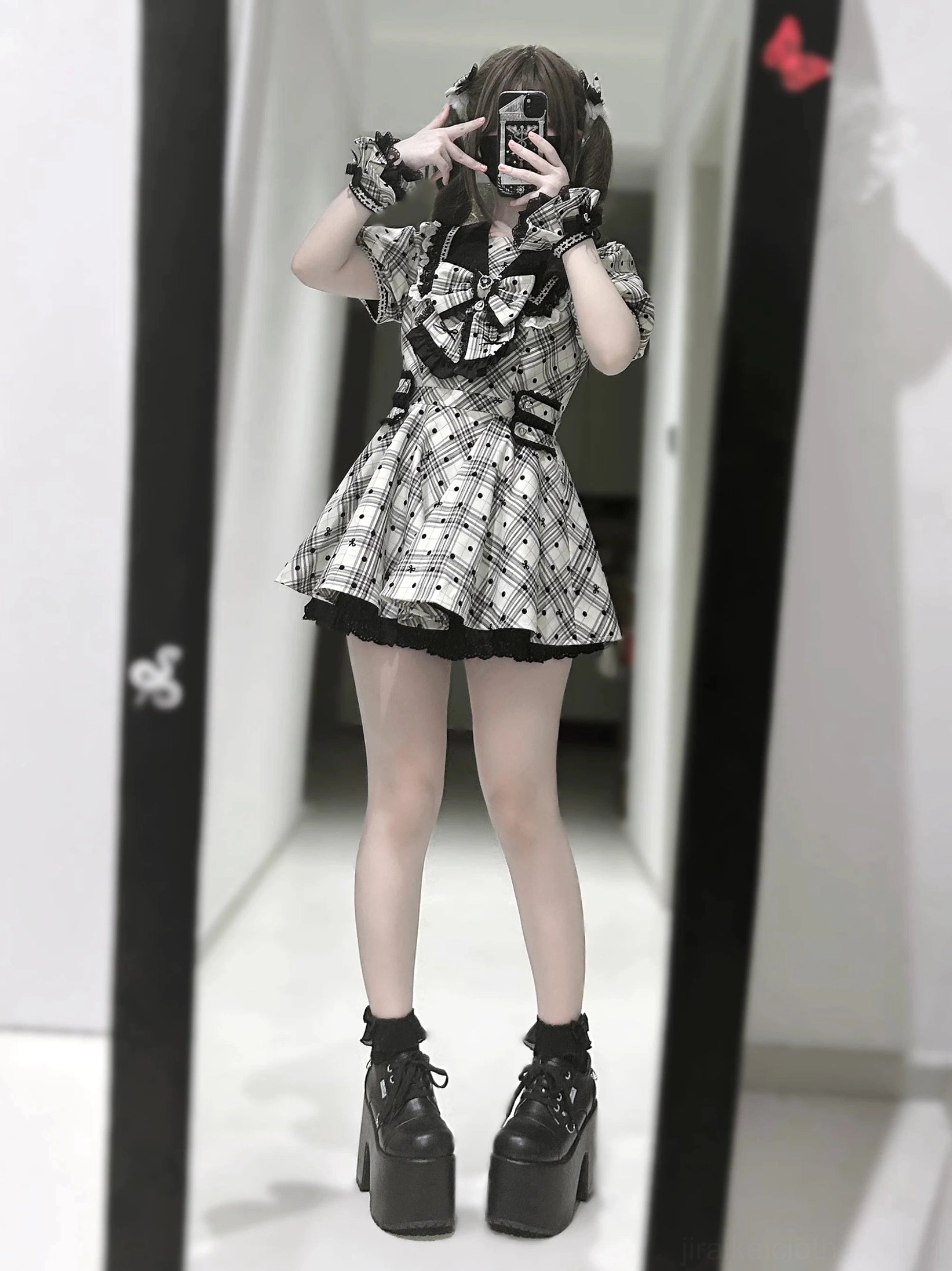 Overhead view of complete Jirai Kei dress outfit showing proportions, hem volume, and overall aesthetic presentation
