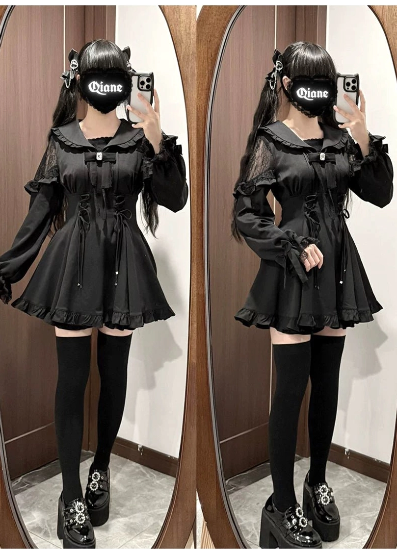 Jirai Kei outfit dual mirror views with masked model wearing platform shoes and over-knee socks