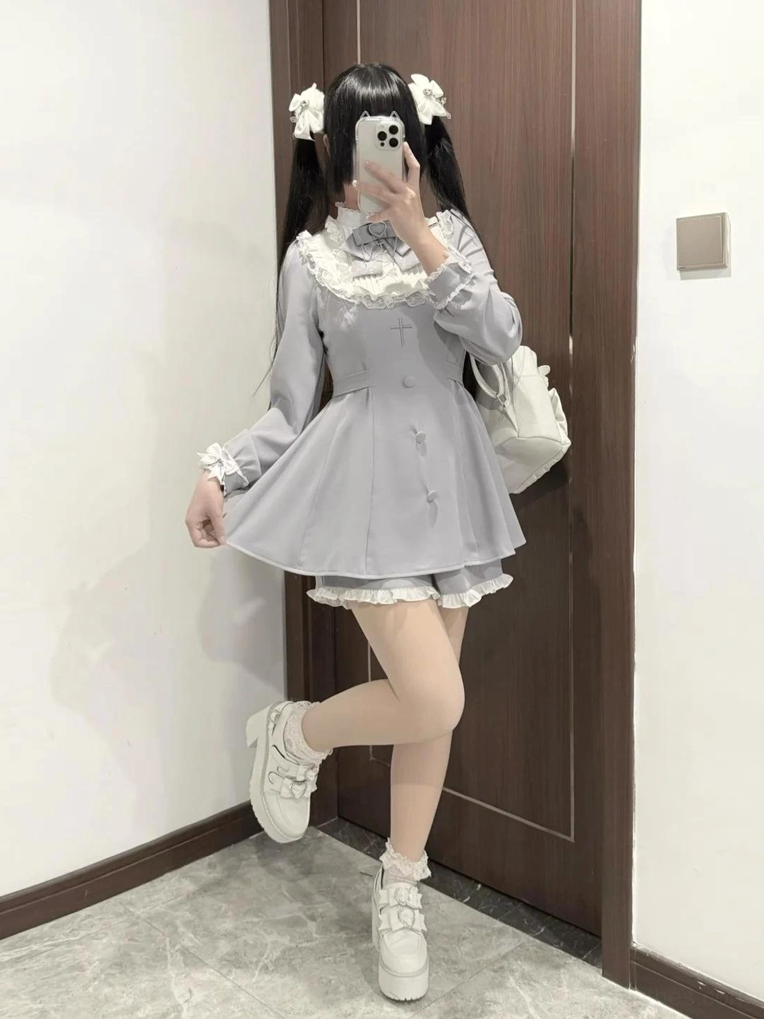 Jirai Kei long sleeve dress ruffled cuff bow variations purple blue color options styling customization