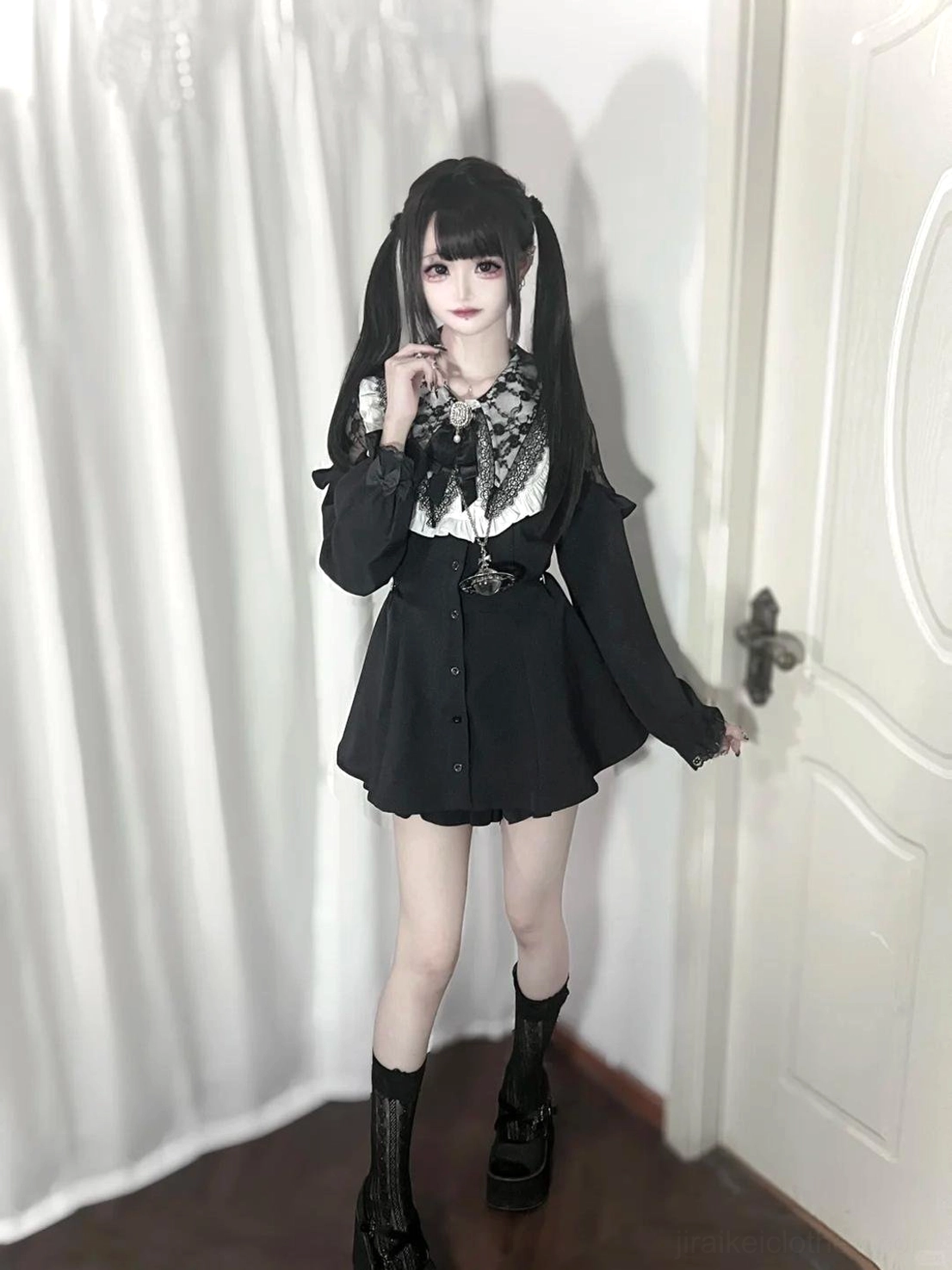 Jirai Kei dress set with decorative bow tie accessory completing the full ensemble for authentic subculture look