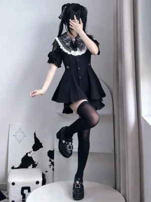 Jirai Kei dress set dynamic side pose showing lace collar, short puff sleeves, and platform leather loafers in studio backdrop