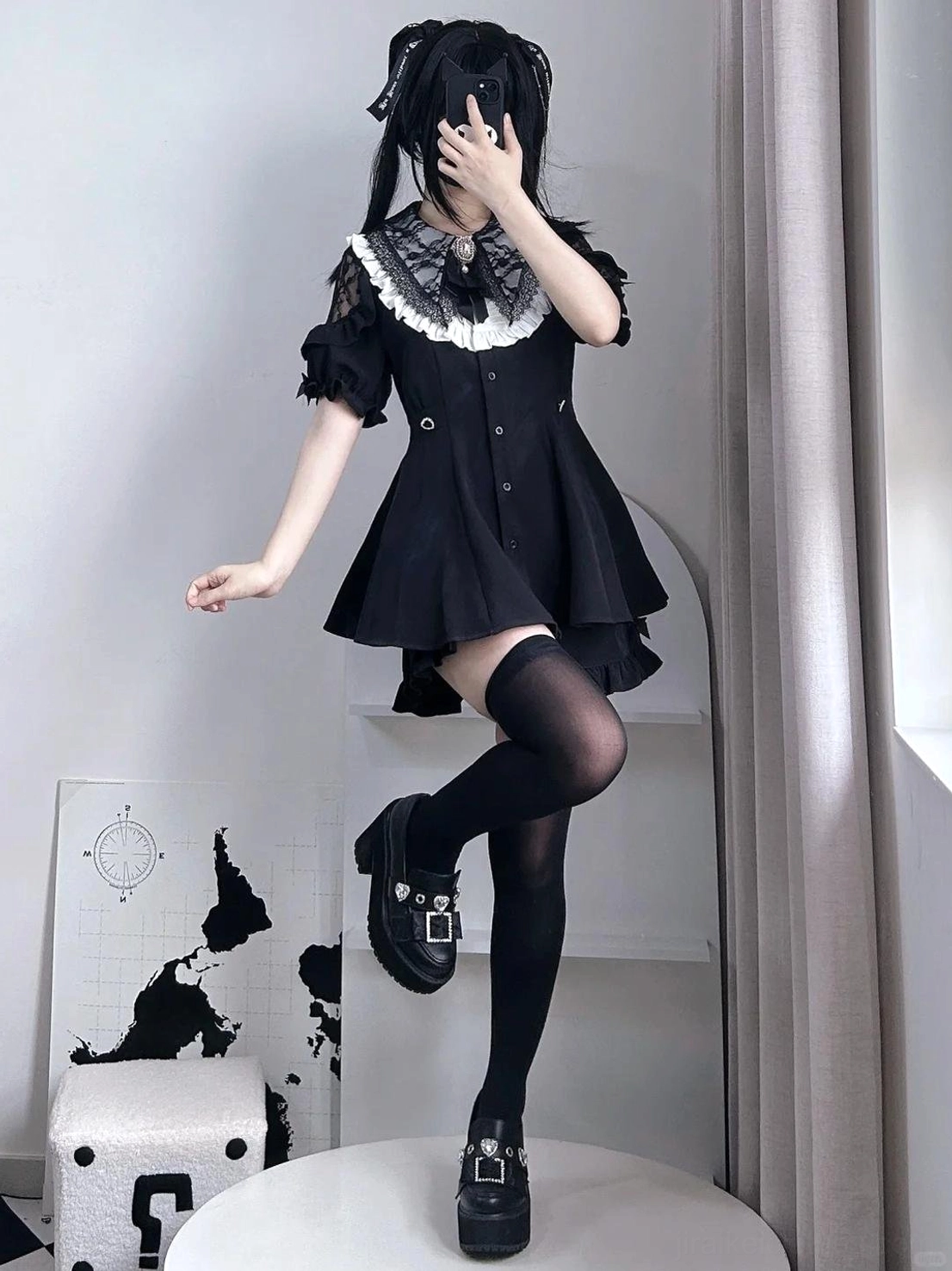 Jirai Kei dress set dynamic side pose showing lace collar, short puff sleeves, and platform leather loafers in studio backdrop