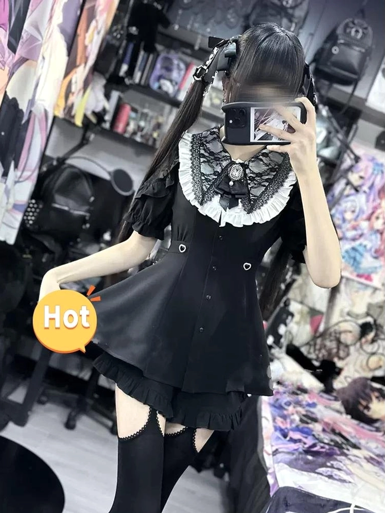 Jirai Kei dress set half-body side view showing lace ruffled collar, short puff sleeves and thigh-high socks in anime-themed bedroom