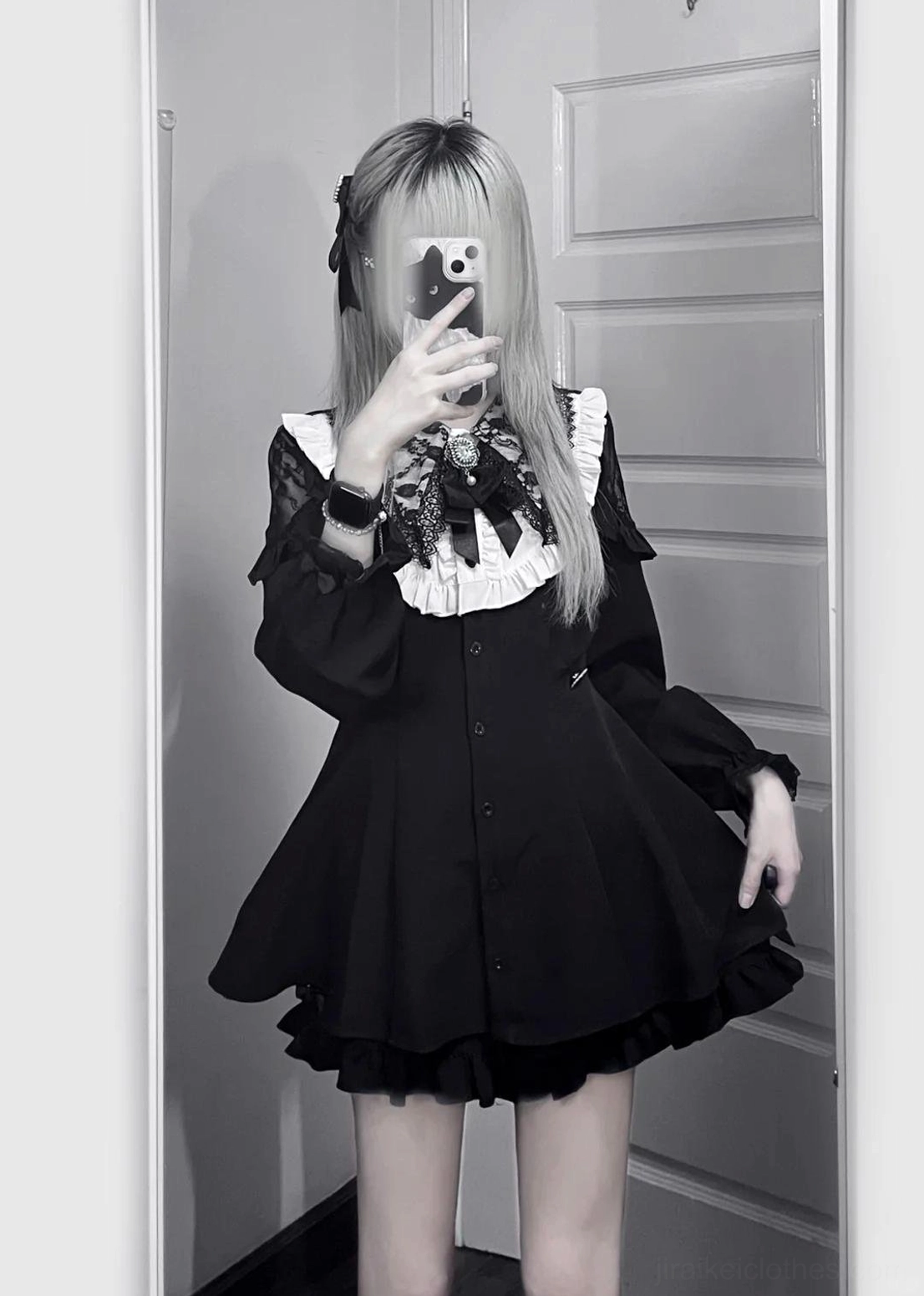 Jirai Kei dress set styling combination with thigh-high socks and platform boots creating edgy subculture aesthetic