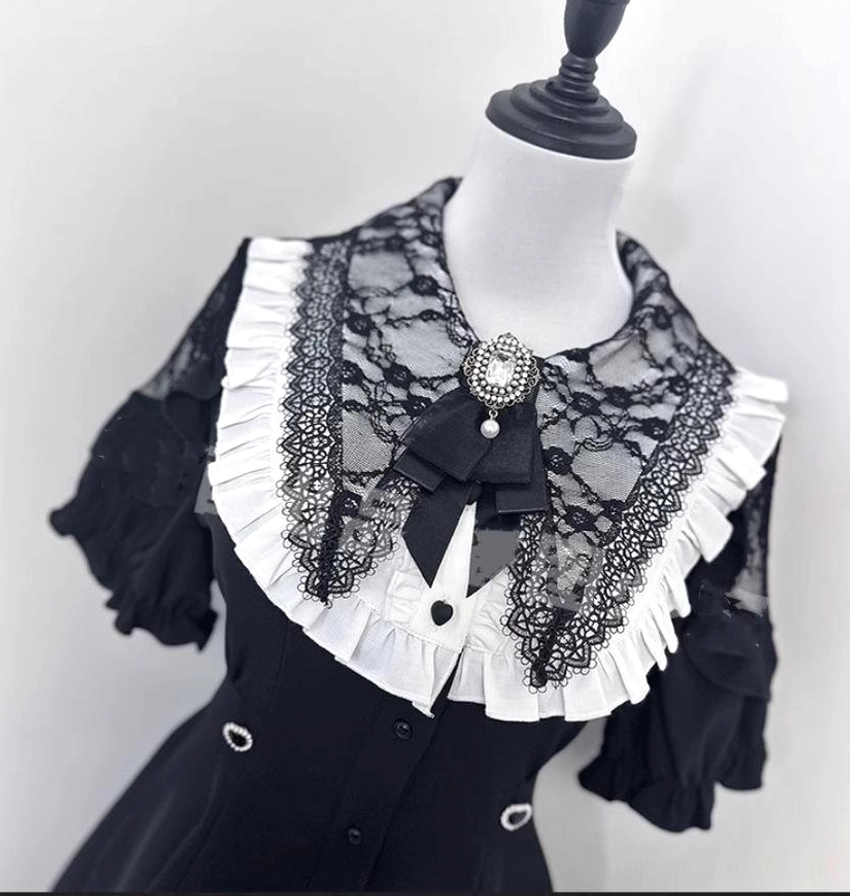 Complete Jirai Kei dress set ensemble with matching shorts, bow tie, lace collar and ruffled hem in black color option