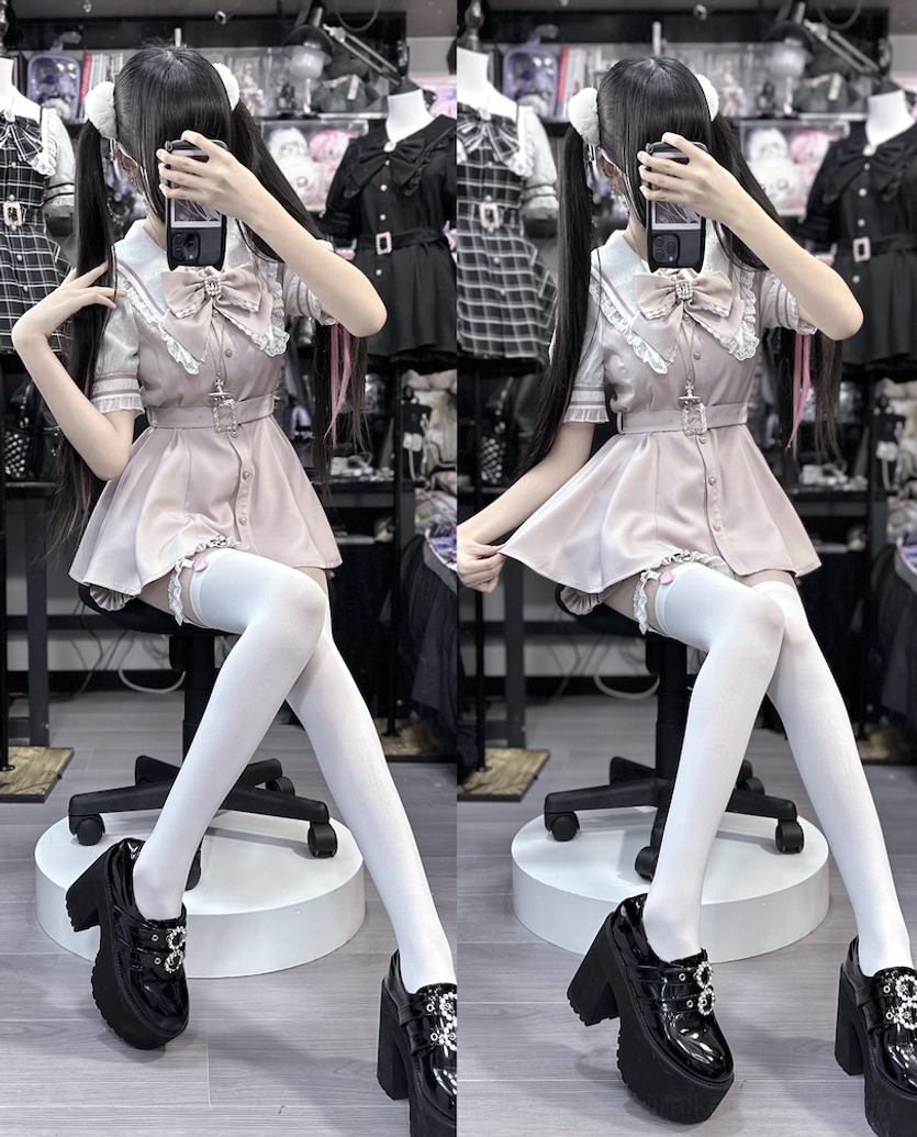 Jirai Kei dress shorts set button-up front placket pearl jewel embellished detail shot