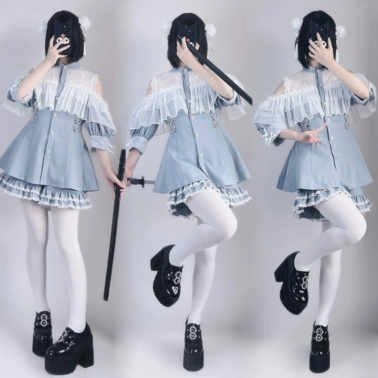 Jirai Kei dress set color options comparison black plaid blue pink white available variations showcase