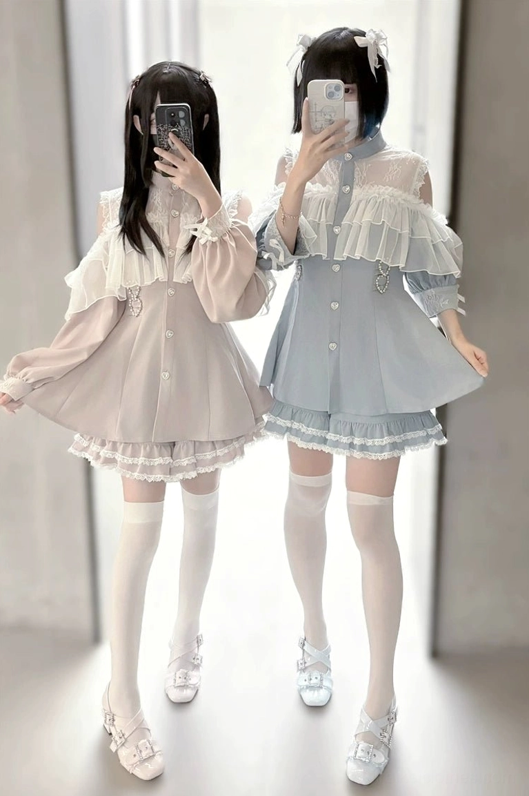 Full body Jirai Kei dress and shorts ensemble muted pastel tones with off-shoulder yoke knee-high stockings and loafers styling