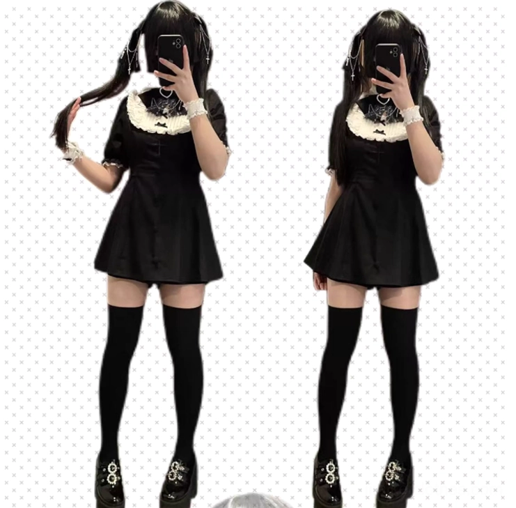 Jirai Kei dress shorts set polyester rayon blend fabric texture and lace trim embroidery details