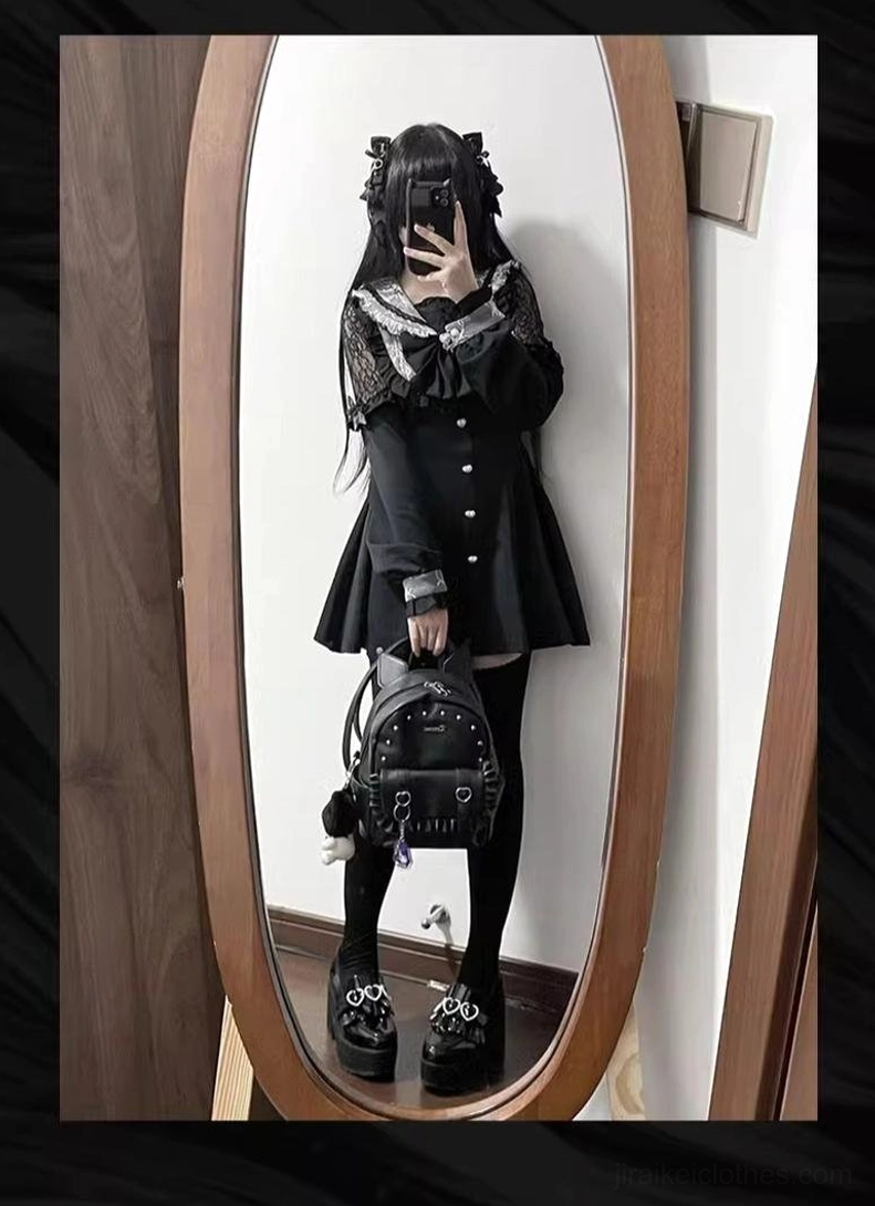 Side profile view Jirai Kei sailor dress matching black stockings platform loafers mini backpack alternative fashion
