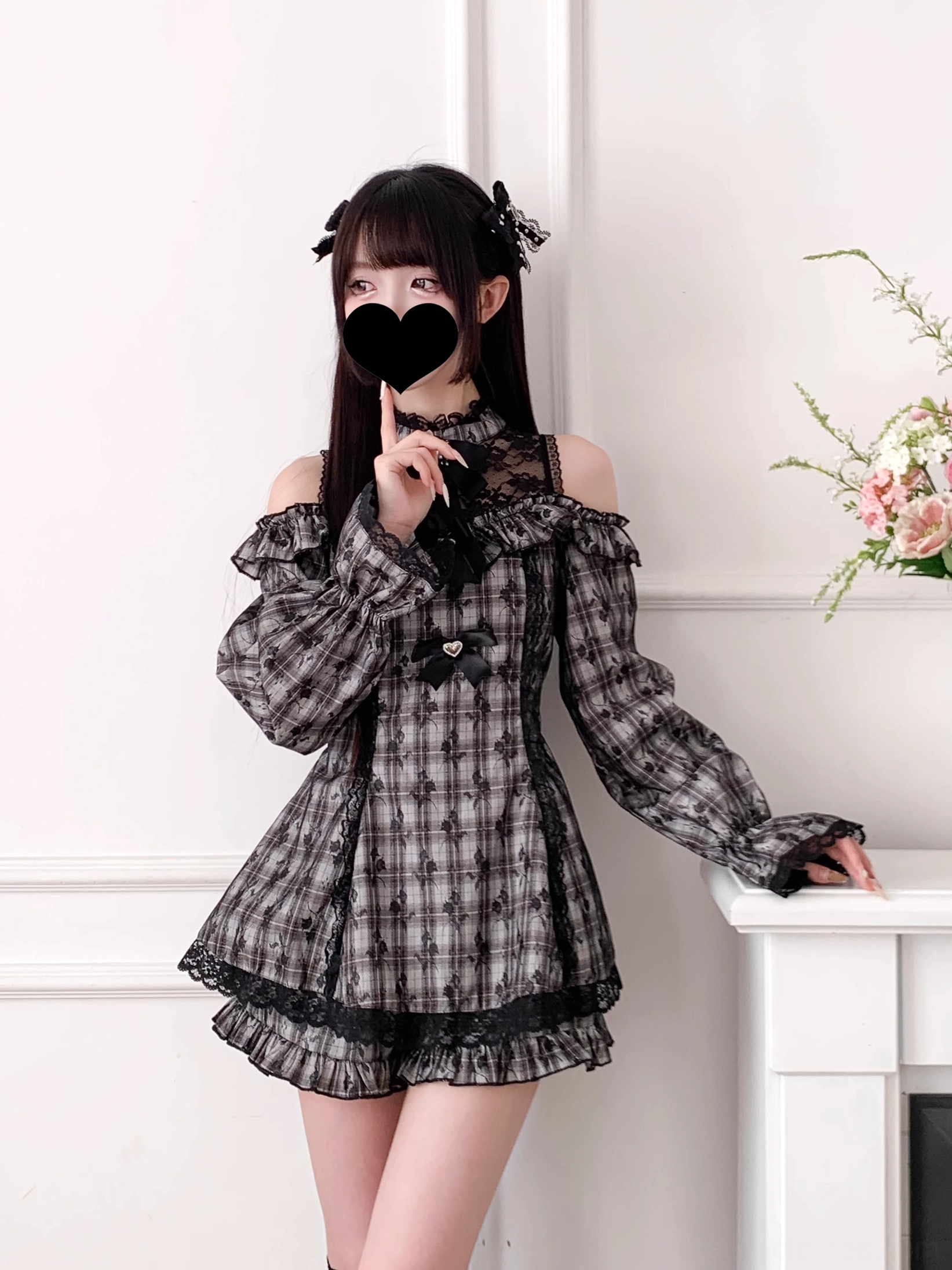 Jirai Kei off-shoulder dress stand-up collar and lace trim construction detail showing premium fabric quality