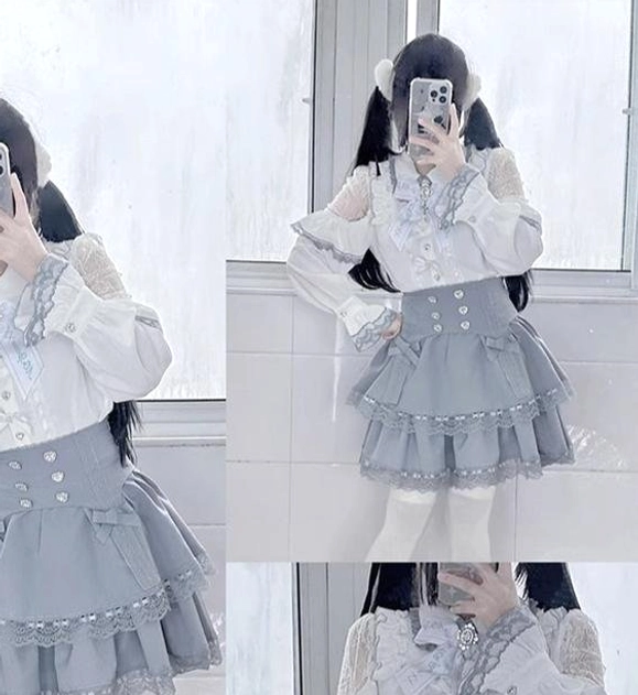 Jirai Kei patchwork drop-shoulder blouse detail view showcasing heart-shaped buttons and ruffled sleeve trim