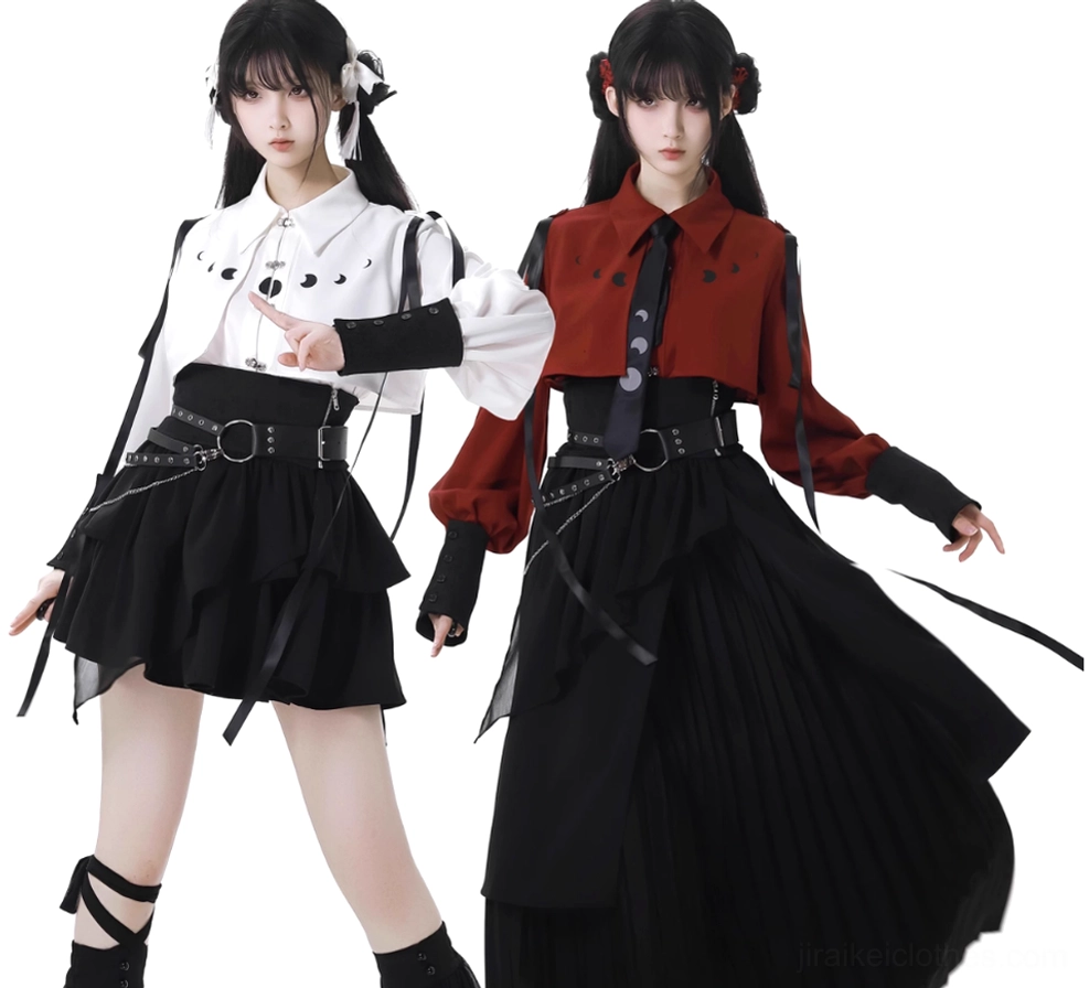 Dual Jirai Kei outfit comparison on two female models displaying modular styling options: white moon-print blouse with black short tiered skirt and burgundy set variation