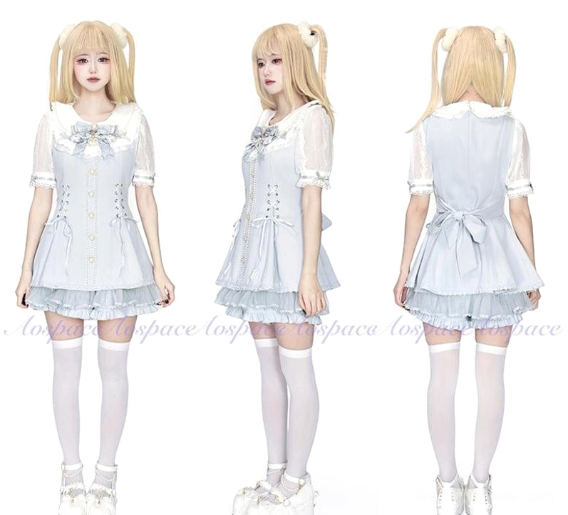 Elastic shorts detail Jirai Kei set comfortable waistband ruffled hem coordinated color matching dress studio background