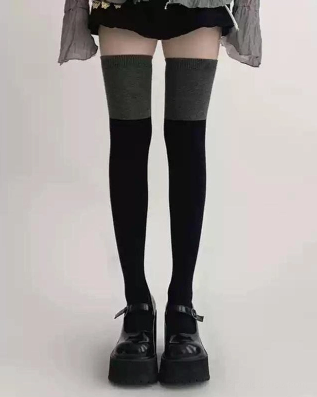 Extra-long black-grey thigh-high socks Jirai Kei aesthetic extended thigh coverage premium cotton blend