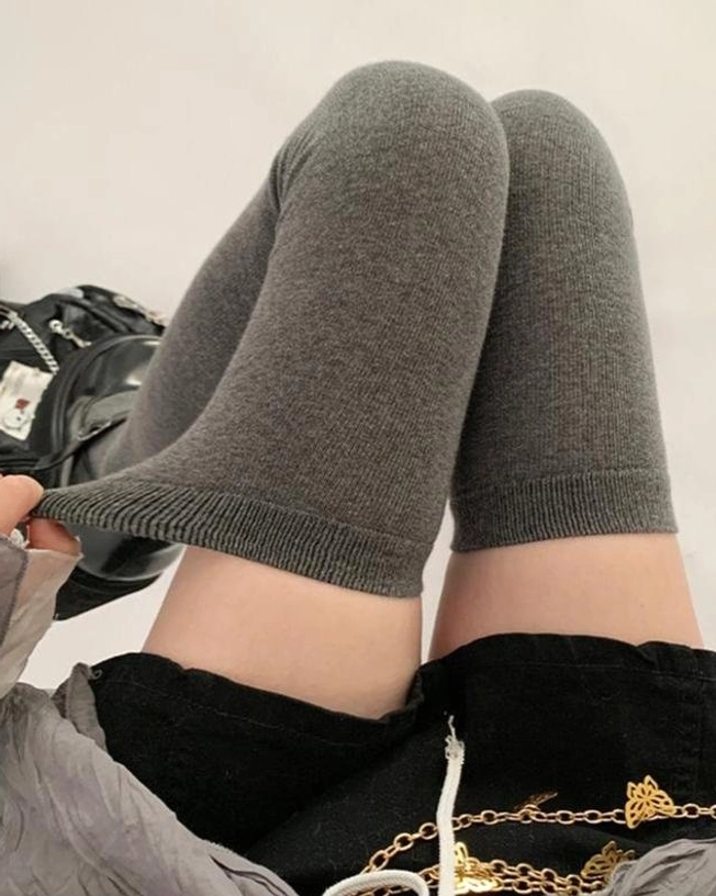 Extra-long grey thigh-high socks single pair Jirai Kei charcoal aesthetic premium cotton blend