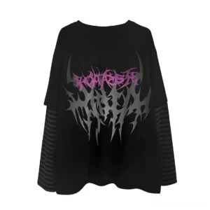 Black Jirai Kei fake two-piece long sleeve graphic tee with purple-gray gothic print flat lay front view