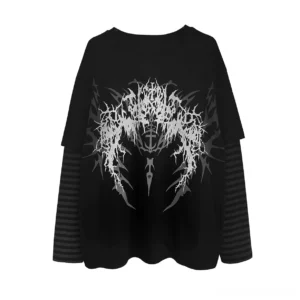 Black Jirai Kei fake two-piece long sleeve tee with thorn-style gothic print and striped inner sleeves flat lay front