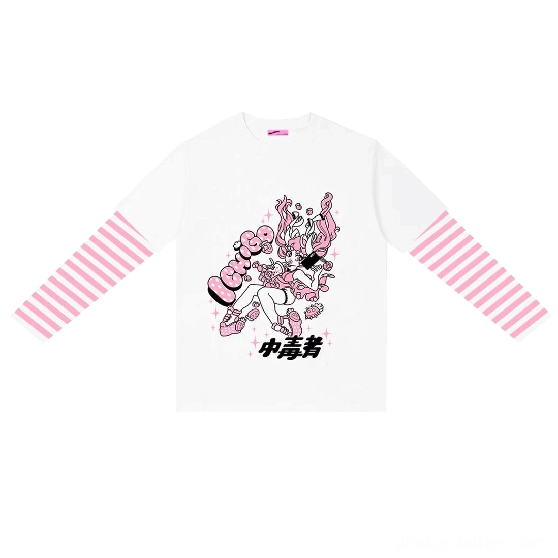 Jirai kei false two-piece long sleeve anime punk tee striped sleeve and graphic print combined view